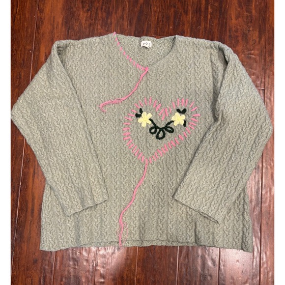 POL Sweaters - POL Small Cable Knit Heart Embroidered Sweater Women Sage Green